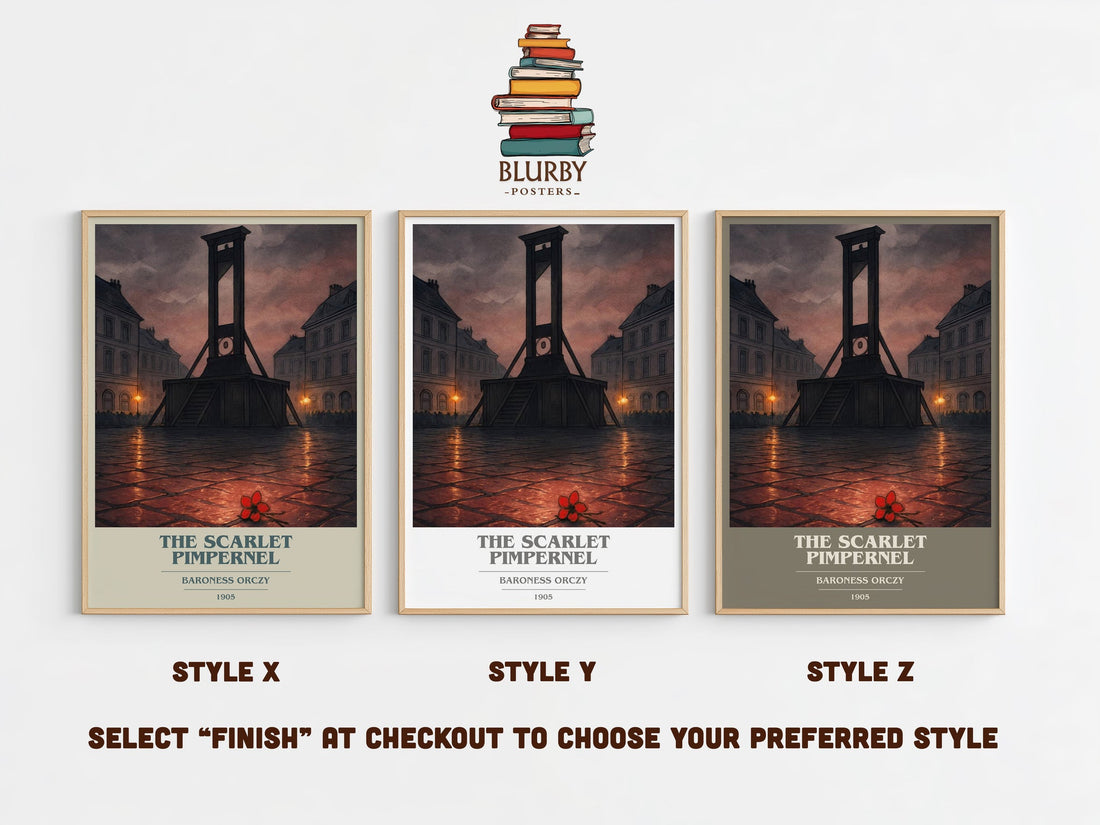 The Scarlet Pimpernel book cover print in frame leaning in hallway – adventure wall art (mockup)