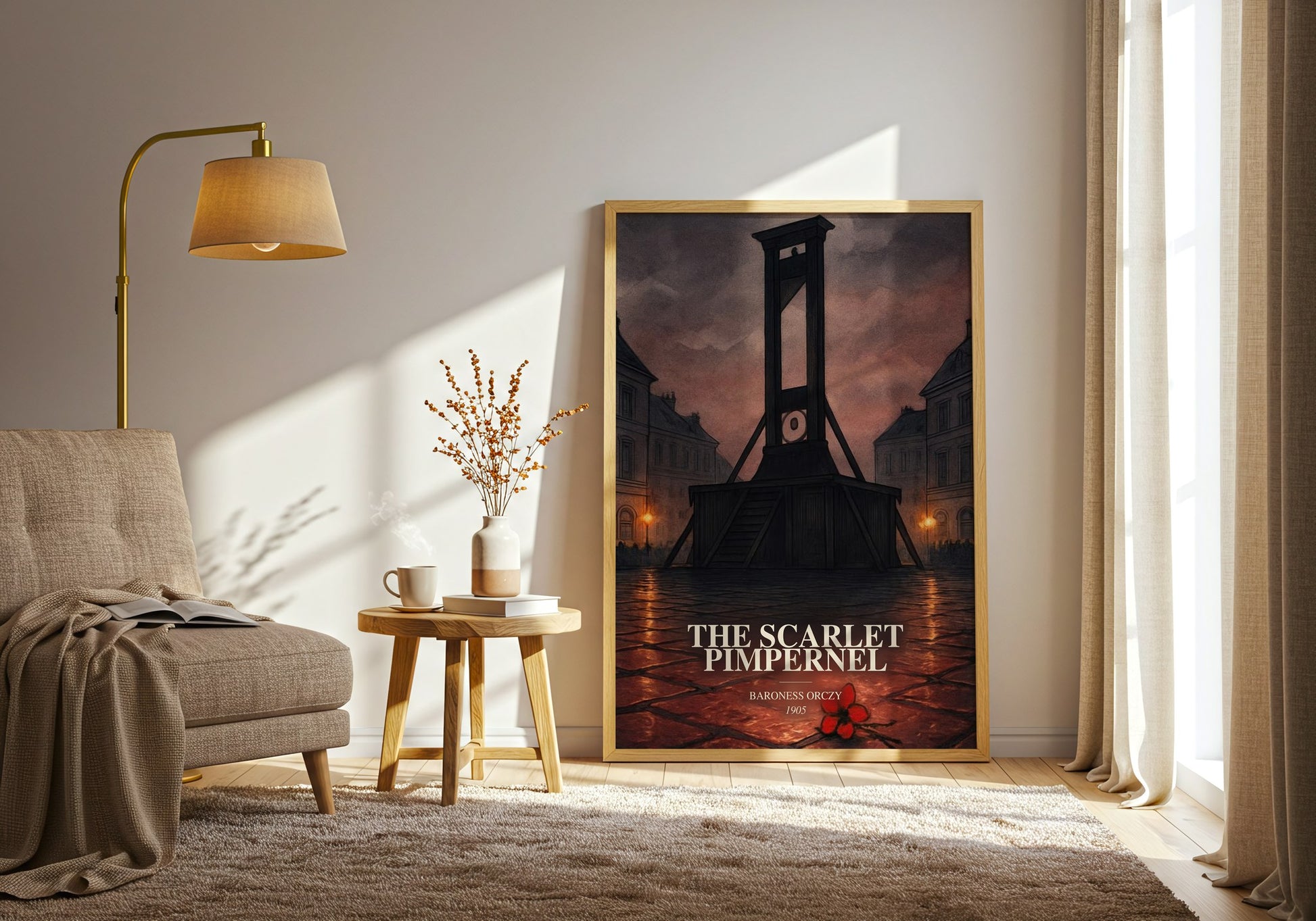 The Scarlet Pimpernel watercolour print in frame leaning in hallway – adventure wall art