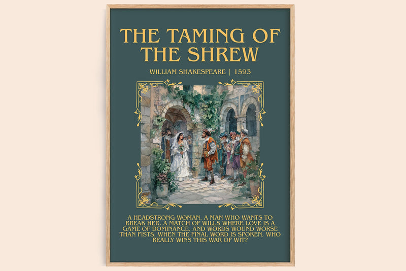 The Taming of the Shrew minimalist book poster by William Shakespeare – framed literary art print