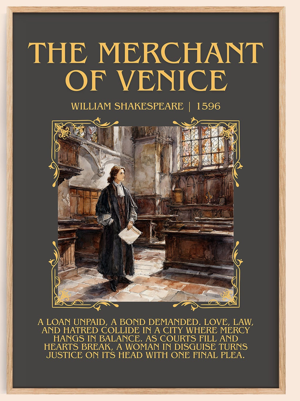 The Merchant of Venice minimalist book poster by William Shakespeare – framed literary art print