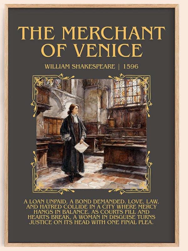 The Merchant of Venice minimalist book poster by William Shakespeare – framed literary art print