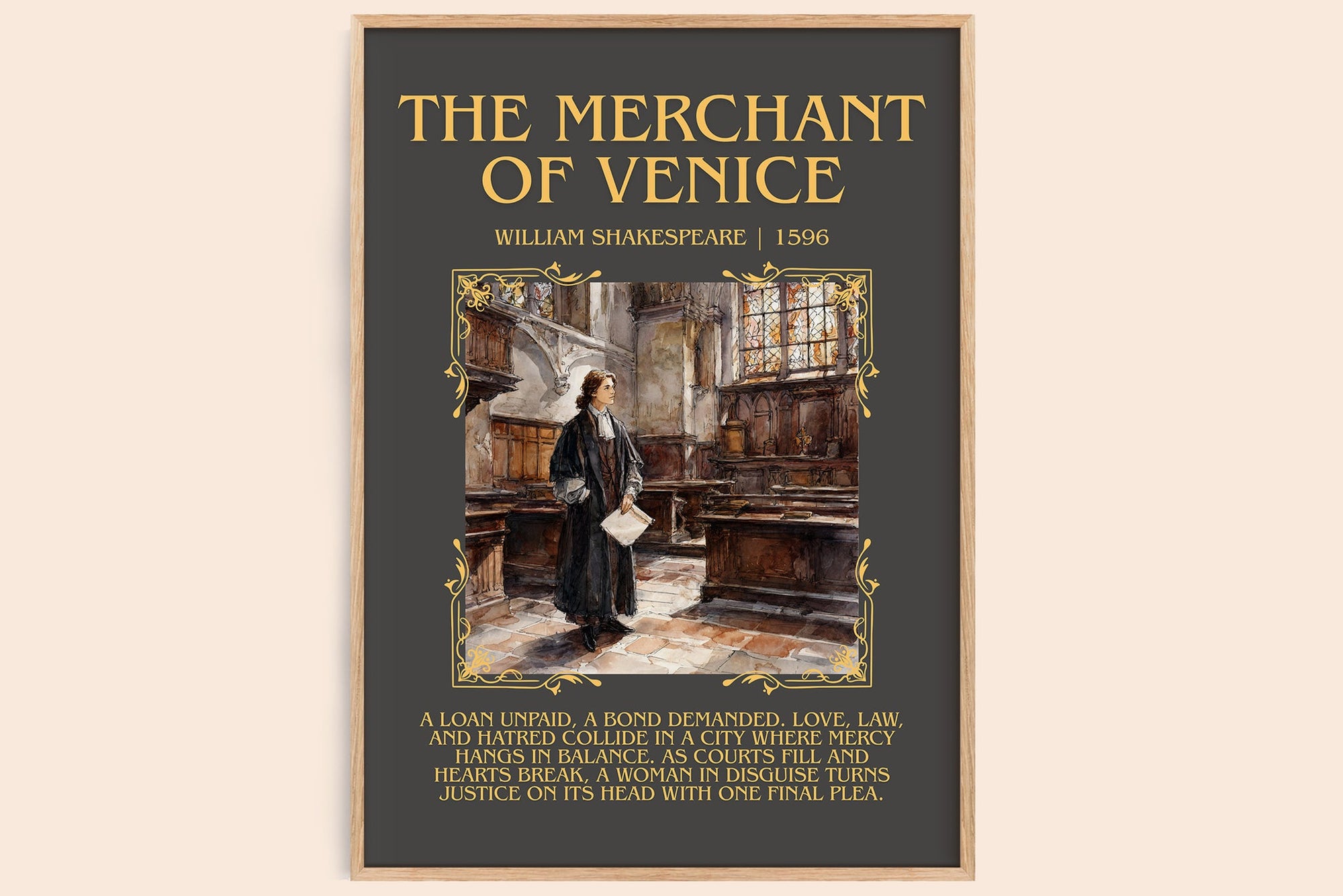 The Merchant of Venice minimalist book poster by William Shakespeare – framed literary art print