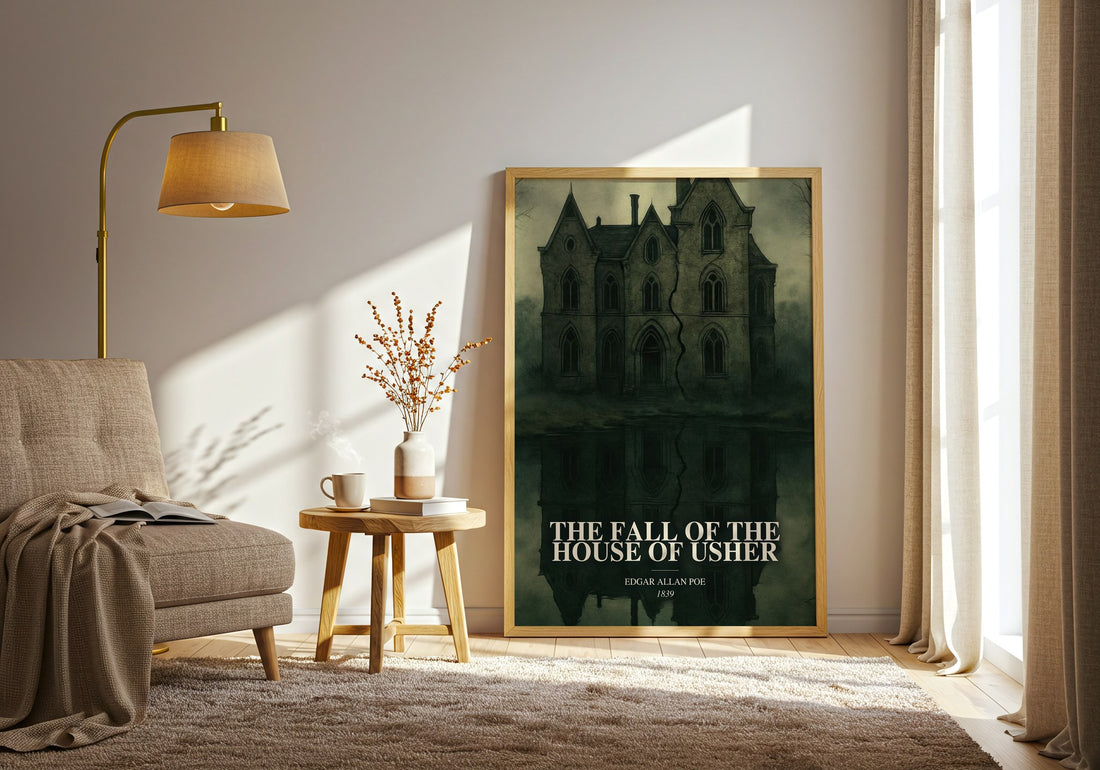 The Fall Of The House Of Usher watercolour print in frame leaning in hallway – gothic wall art (mockup)