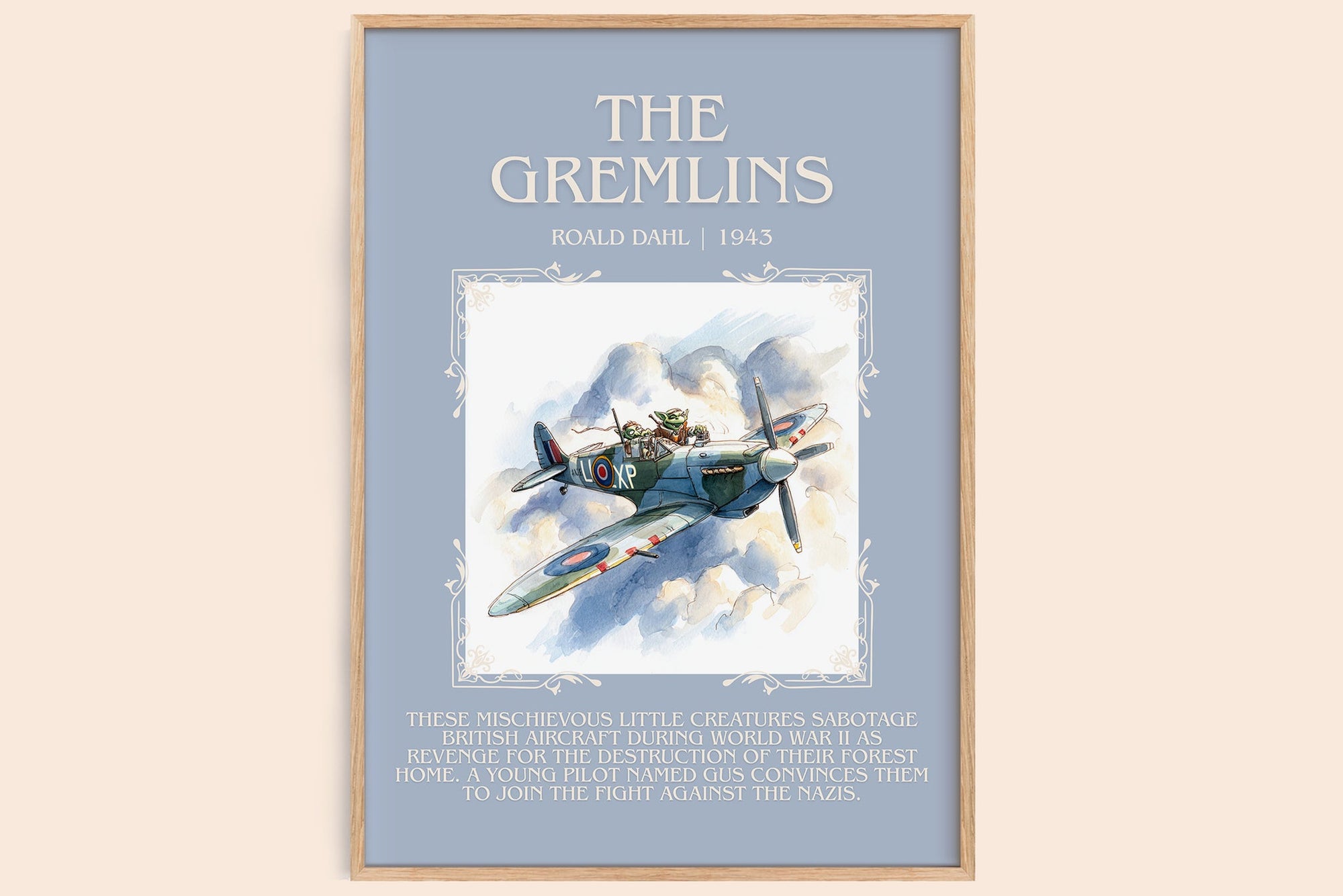 The Gremlins minimalist book poster by Roald Dahl – framed literary art print
