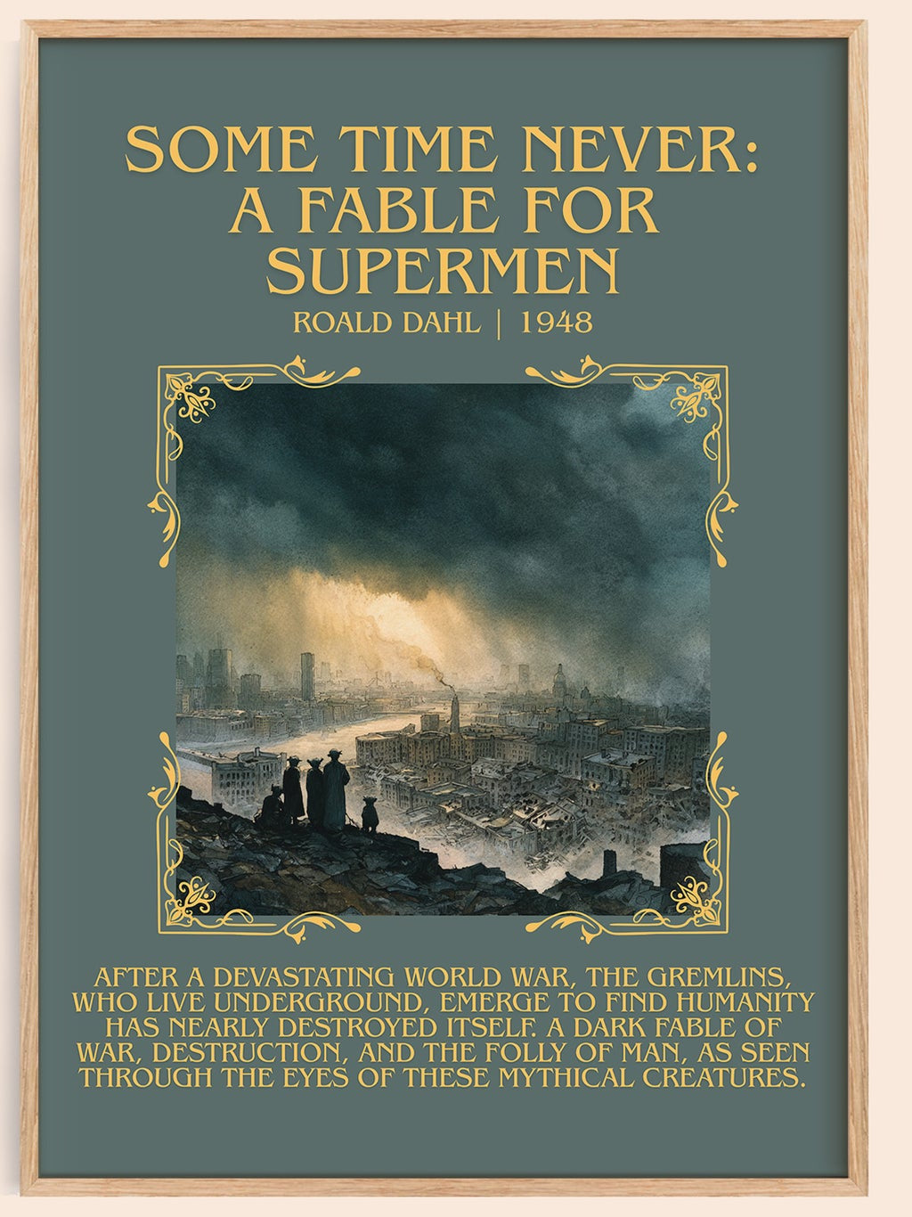 Some Time Never: A Fable for Supermen minimalist book poster by Roald Dahl – framed literary art print