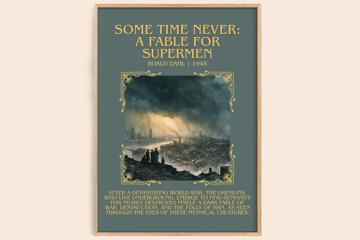 Some Time Never: A Fable for Supermen minimalist book poster by Roald Dahl – framed literary art print