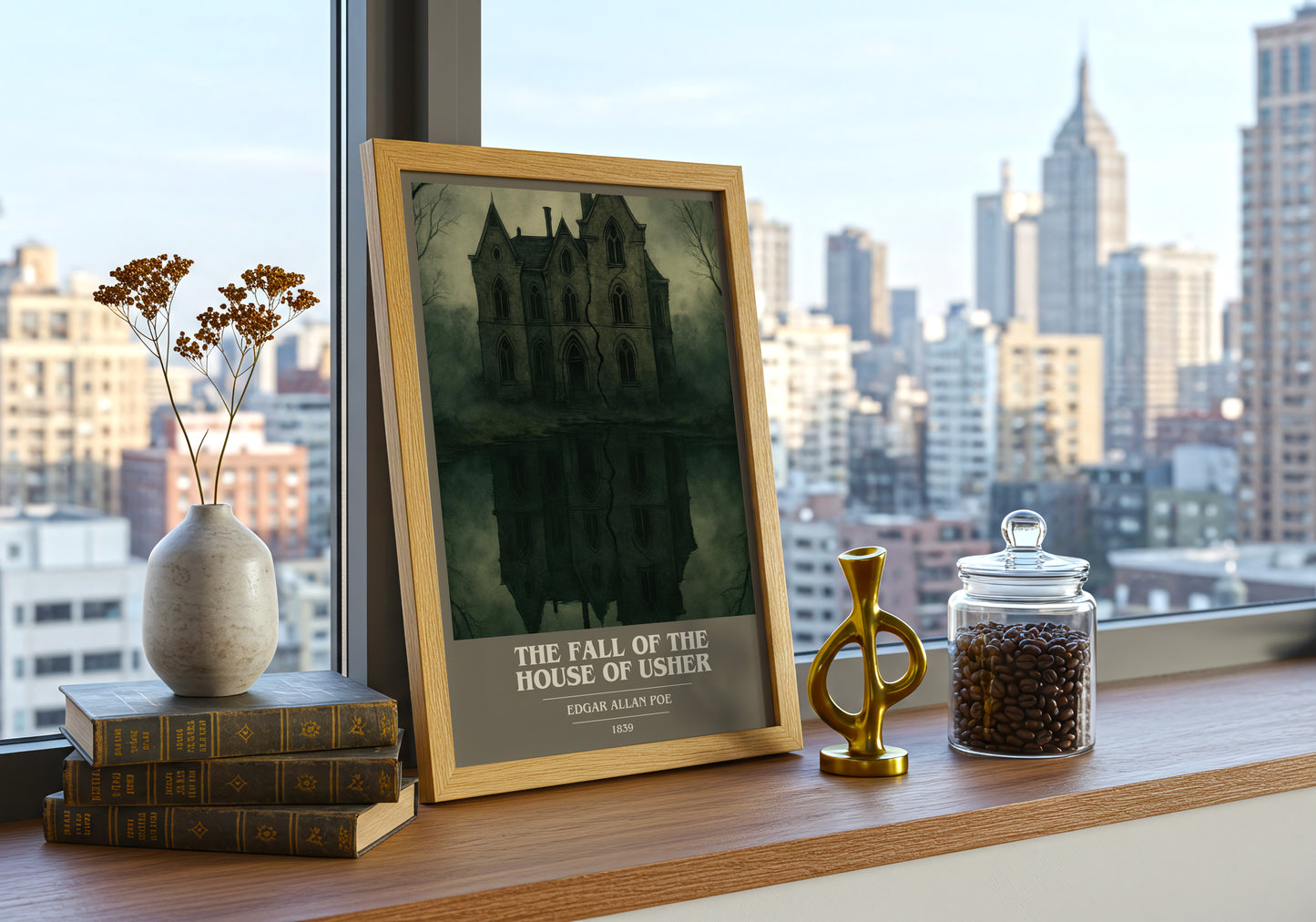 The Fall Of The House Of Usher book cover print framed by window – literary home decor