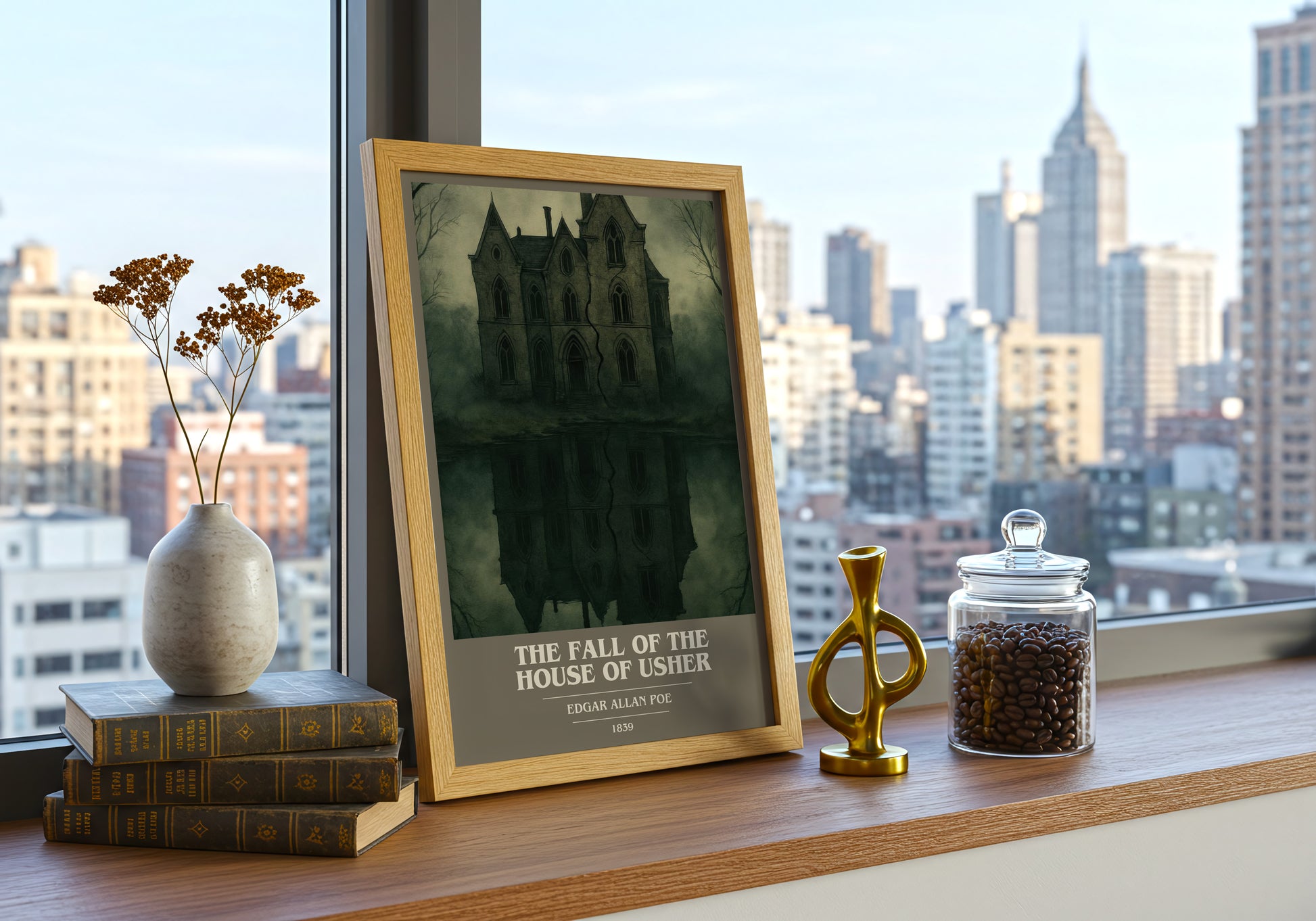 The Fall Of The House Of Usher book cover print framed by window – literary home decor