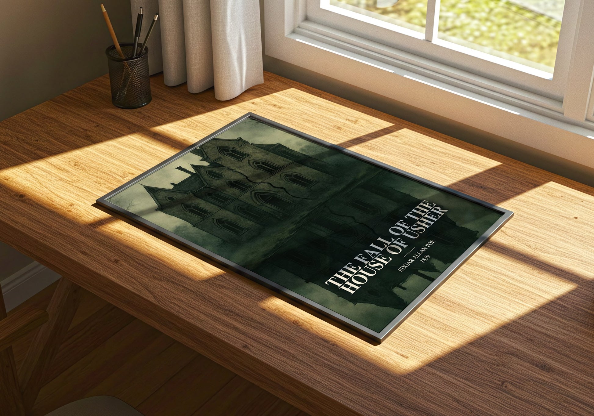 The Fall Of The House Of Usher watercolour book poster framed on wall – gothic wall art