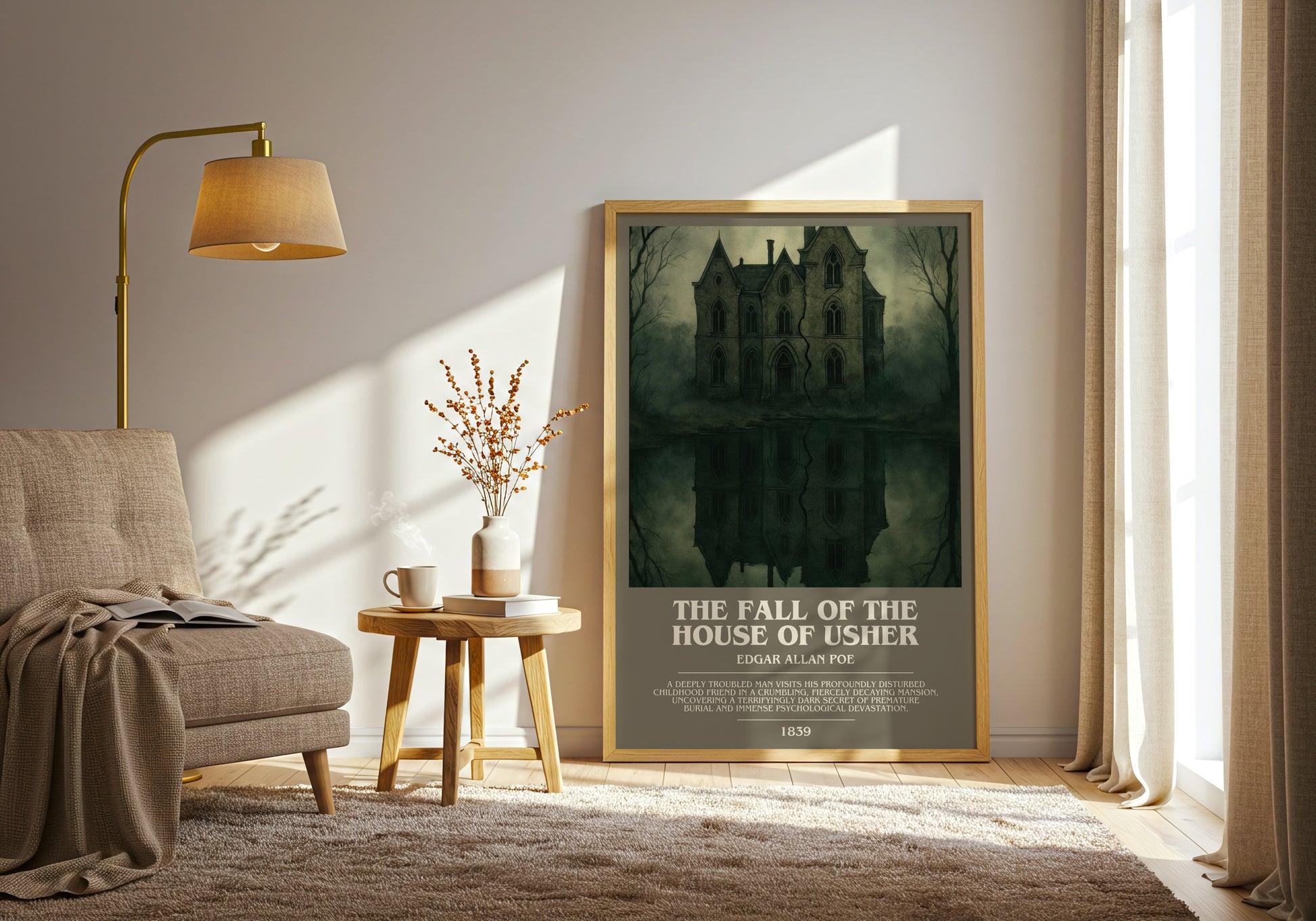 The Fall Of The House Of Usher bookish print on bookshelf – Edgar Allan Poe fan gift