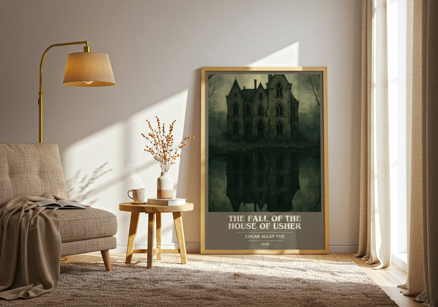 The Fall Of The House Of Usher book cover print on bookshelf – Edgar Allan Poe fan gift