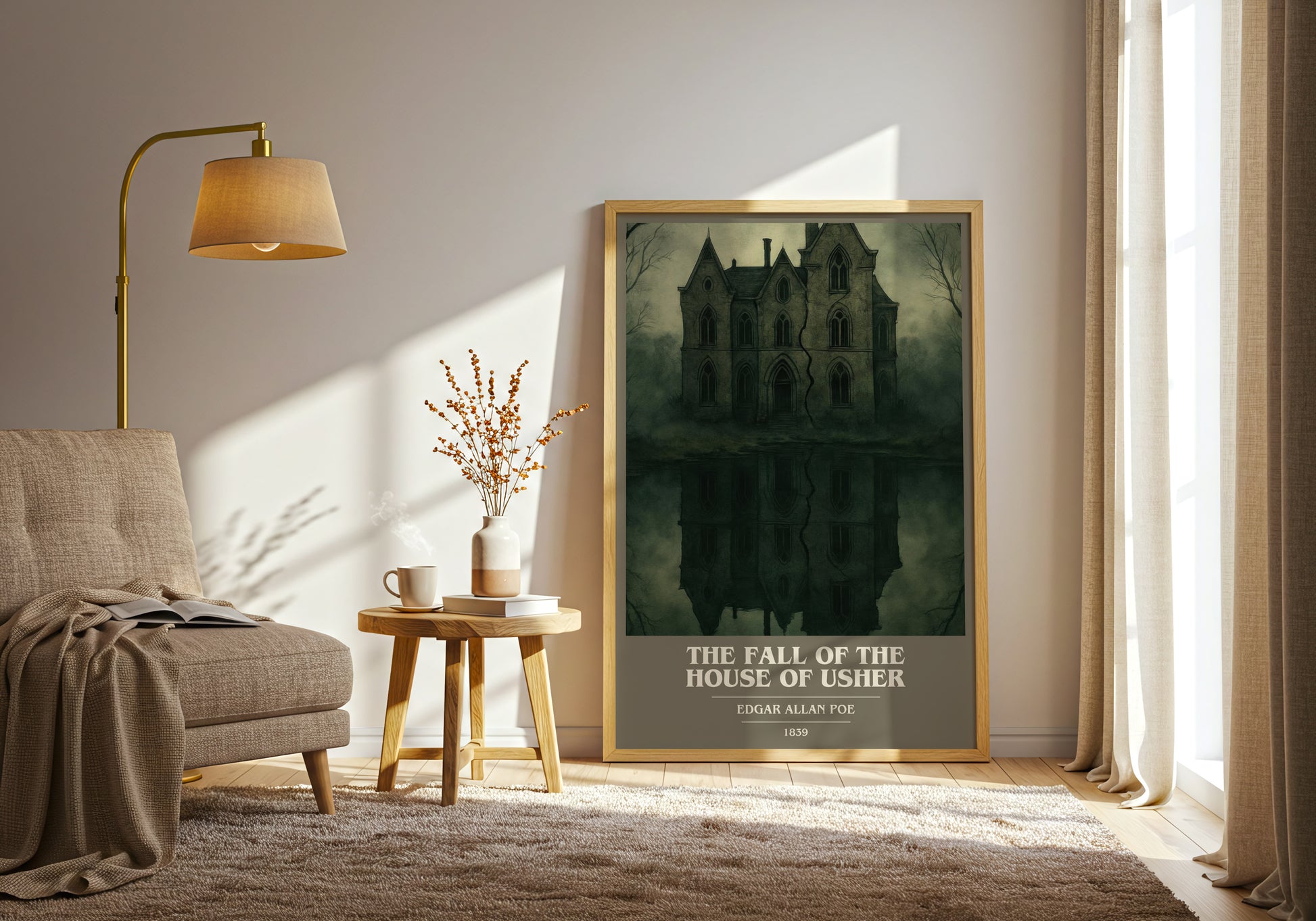 The Fall Of The House Of Usher book cover print on bookshelf – Edgar Allan Poe fan gift