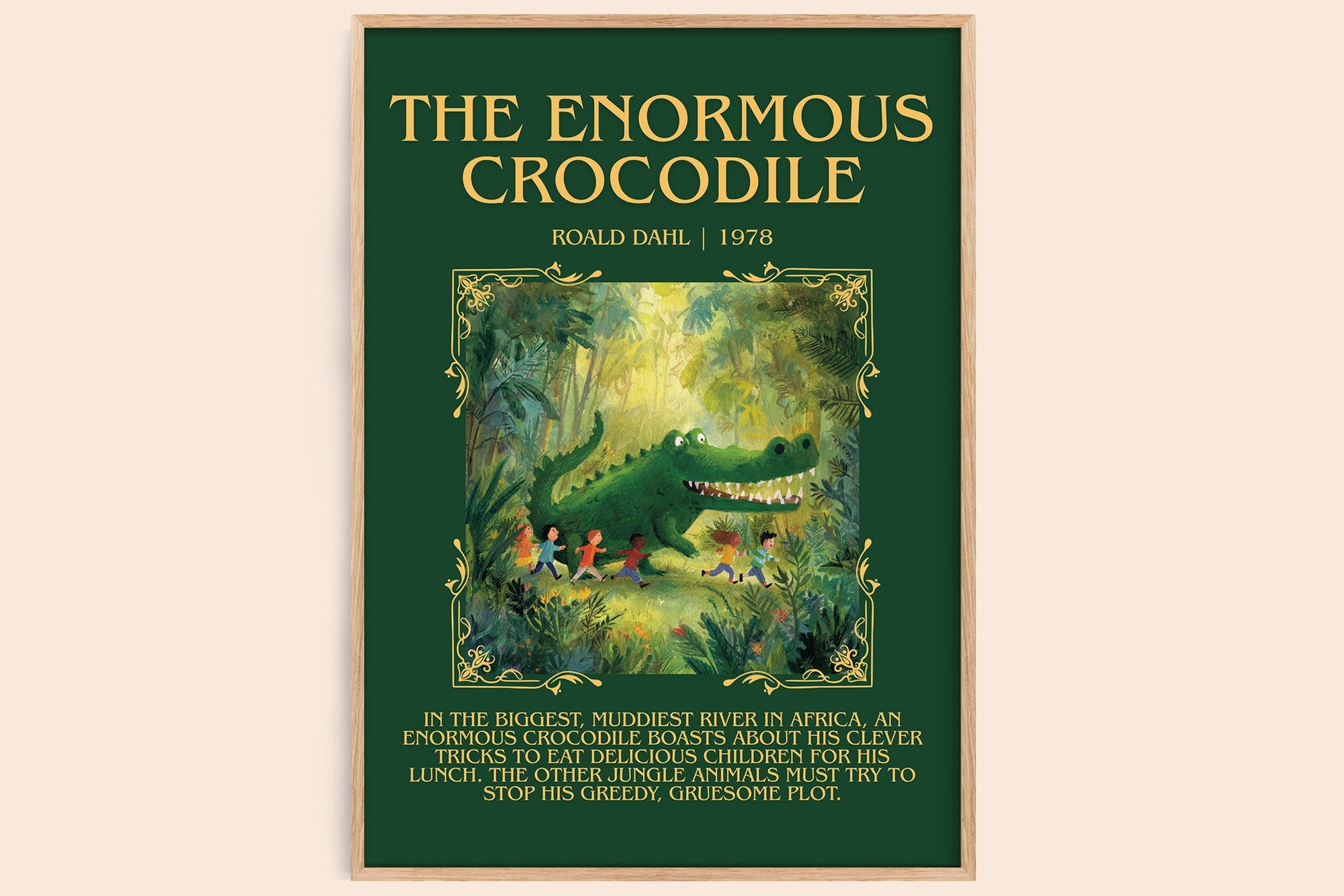 The Enormous Crocodile minimalist book poster by Roald Dahl – framed literary art print