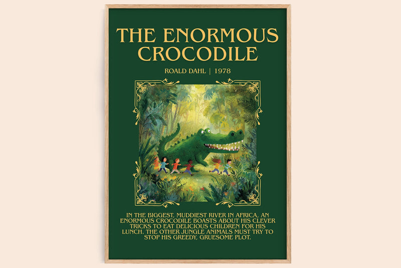 The Enormous Crocodile minimalist book poster by Roald Dahl – framed literary art print