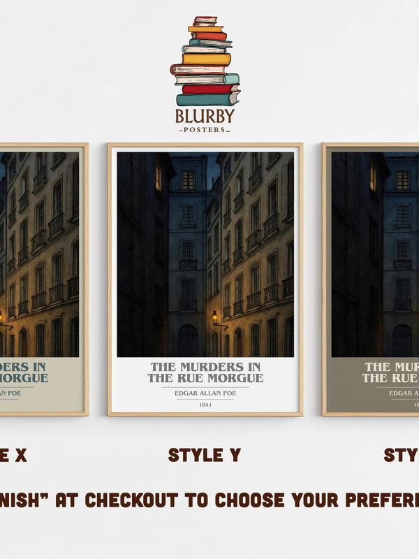 The Murders In The Rue Morgue book cover print in frame leaning in hallway – mystery wall art