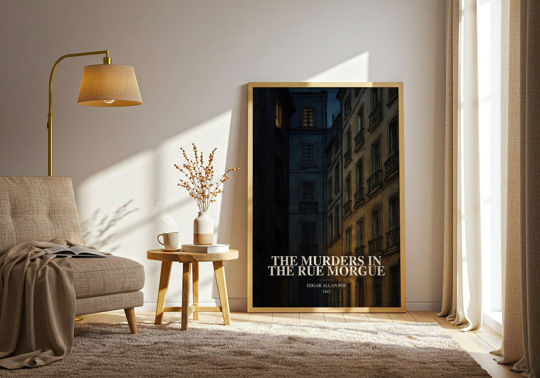 The Murders In The Rue Morgue watercolour print in frame leaning in hallway – mystery wall art (mockup)