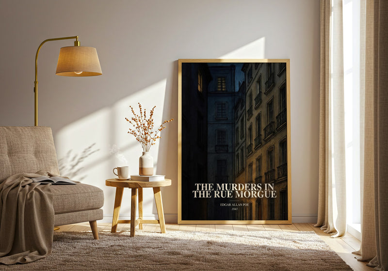 The Murders In The Rue Morgue watercolour print in frame leaning in hallway – mystery wall art