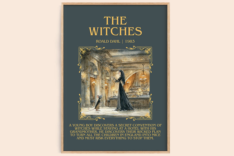 The Witches minimalist book poster by Roald Dahl – framed literary art print