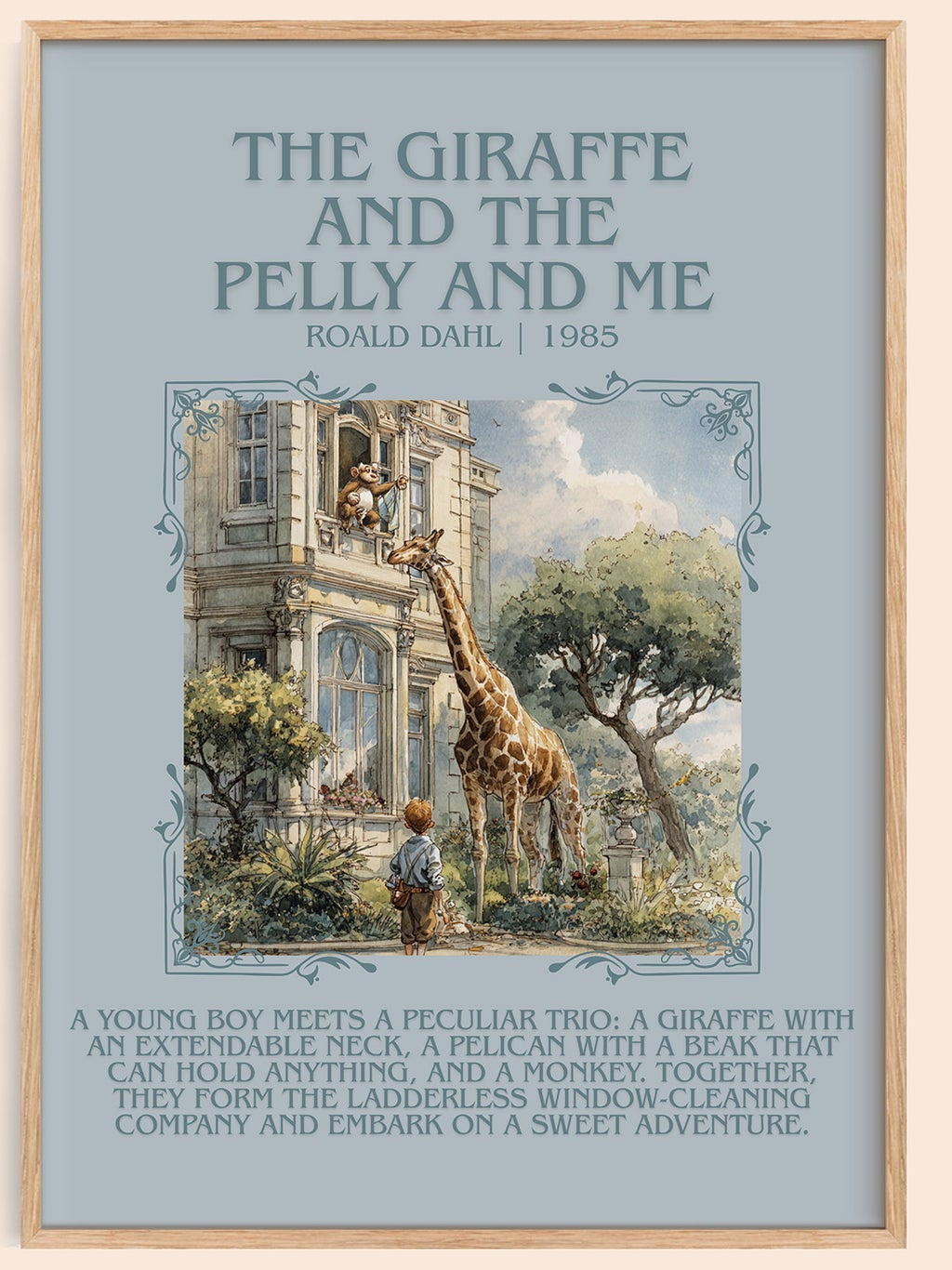 The Giraffe and the Pelly and Me minimalist book poster by Roald Dahl – framed literary art print