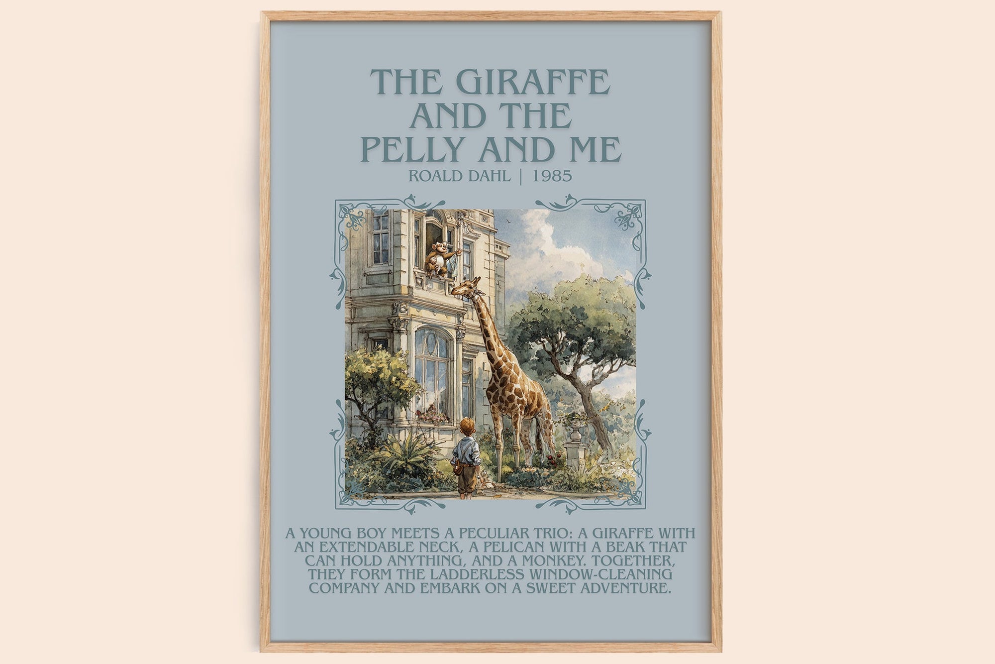 The Giraffe and the Pelly and Me minimalist book poster by Roald Dahl – framed literary art print