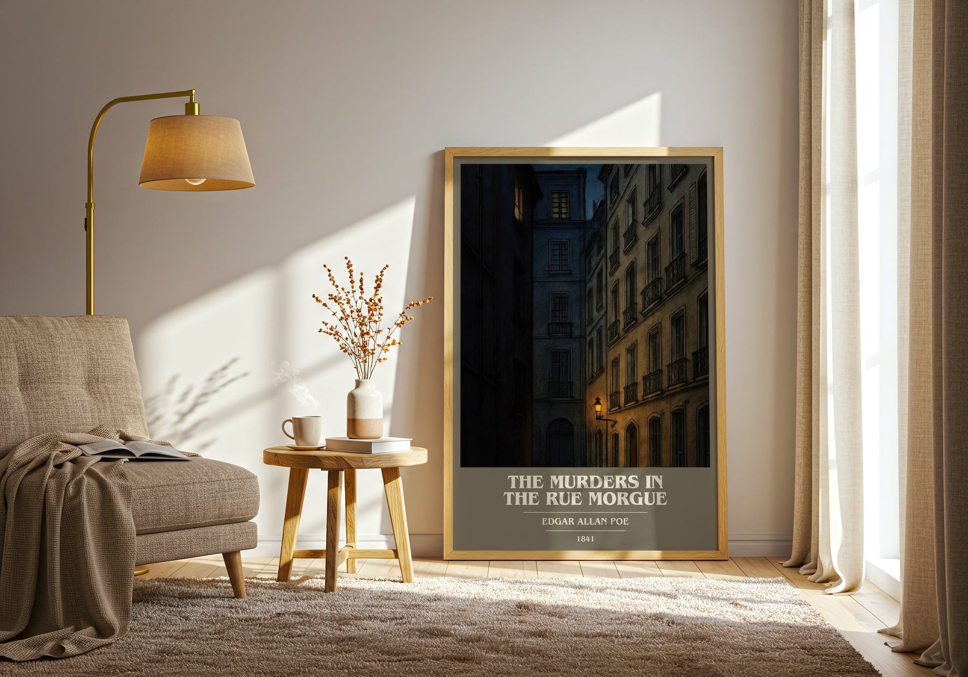 The Murders In The Rue Morgue book cover print on bookshelf – Edgar Allan Poe fan gift
