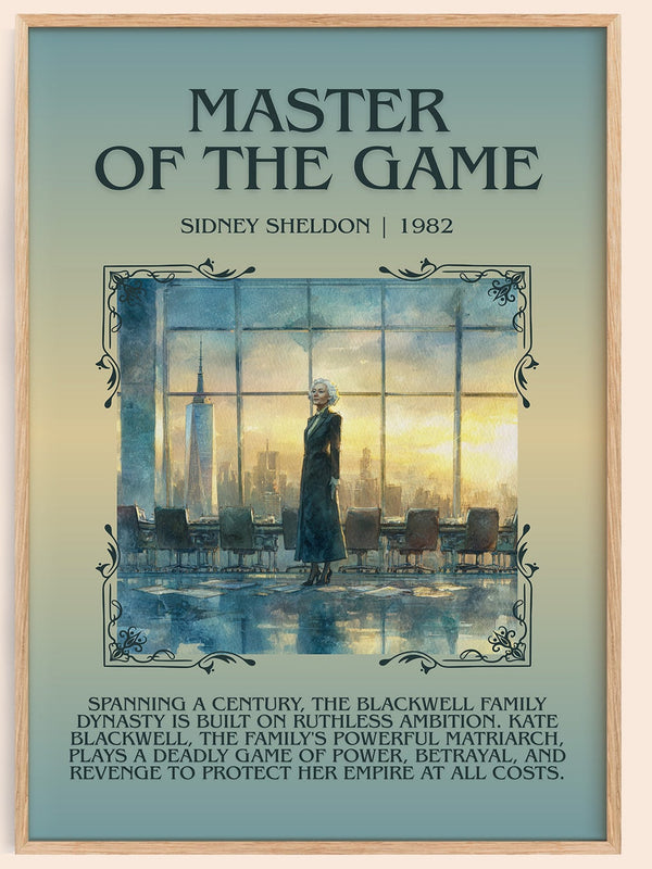 Master of the Game minimalist book poster by Sidney Sheldon – framed literary art print