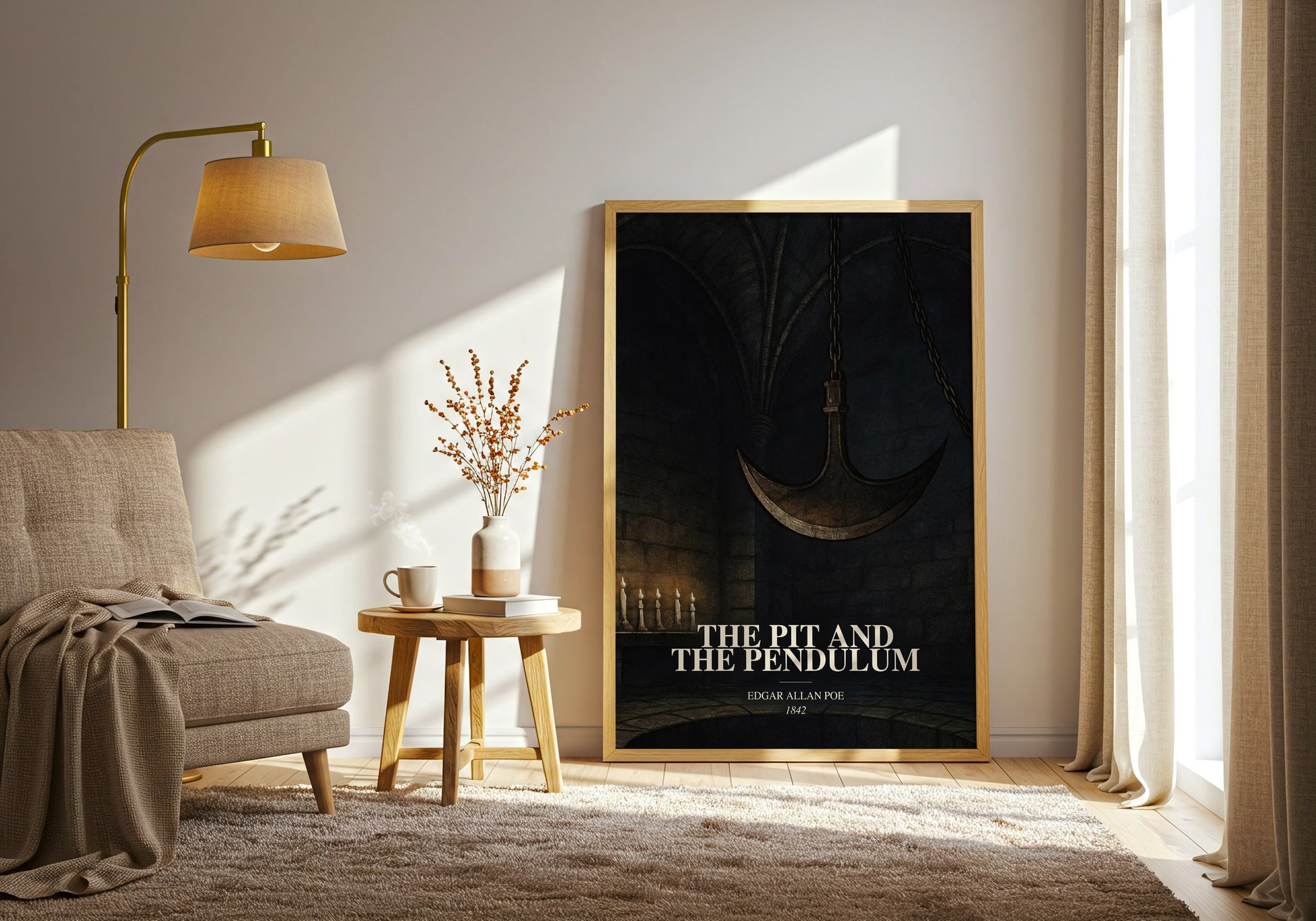 The Pit And The Pendulum watercolour print in frame leaning in hallway – horror wall art