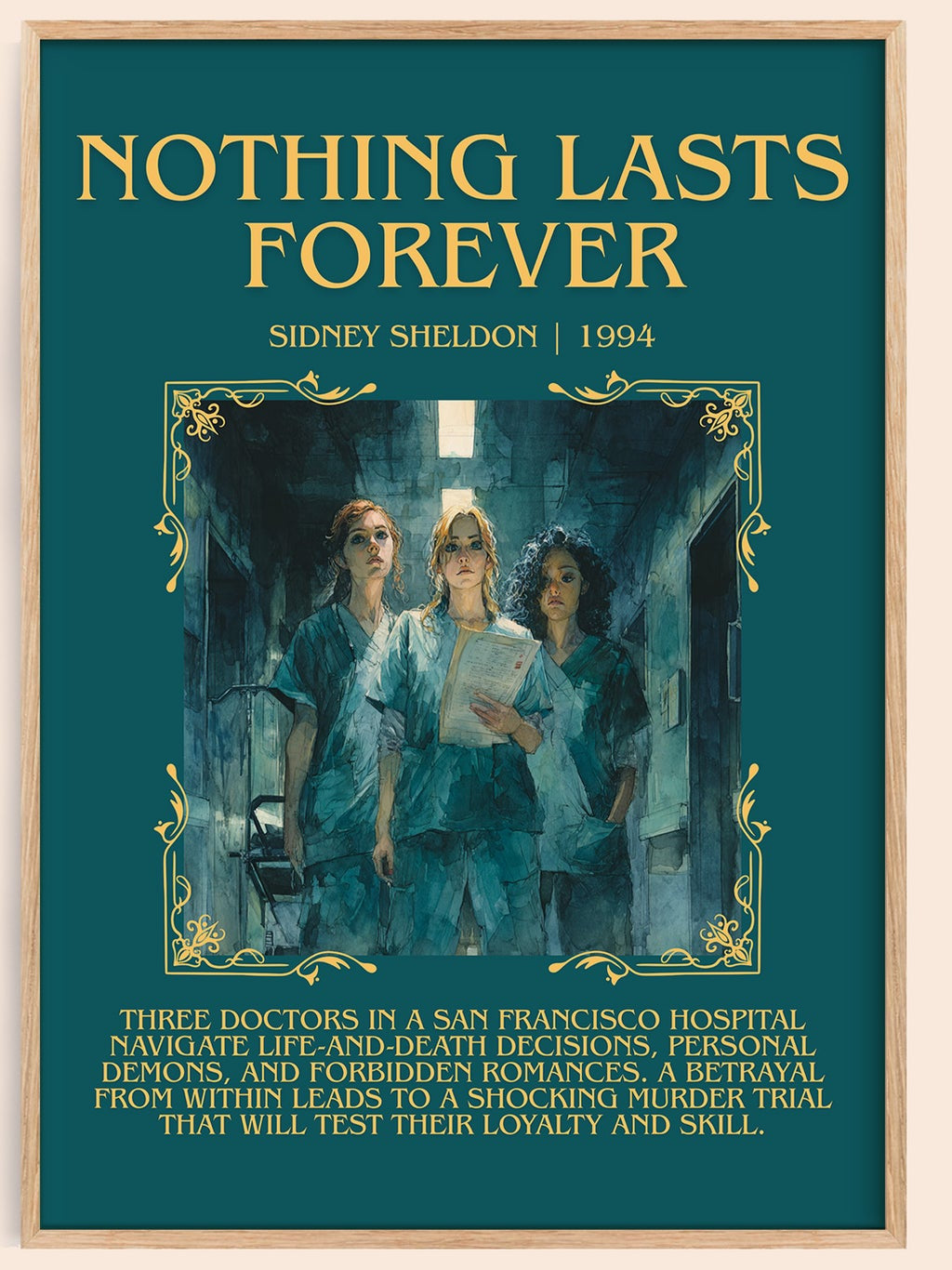 Nothing Lasts Forever minimalist book poster by Sidney Sheldon – framed literary art print