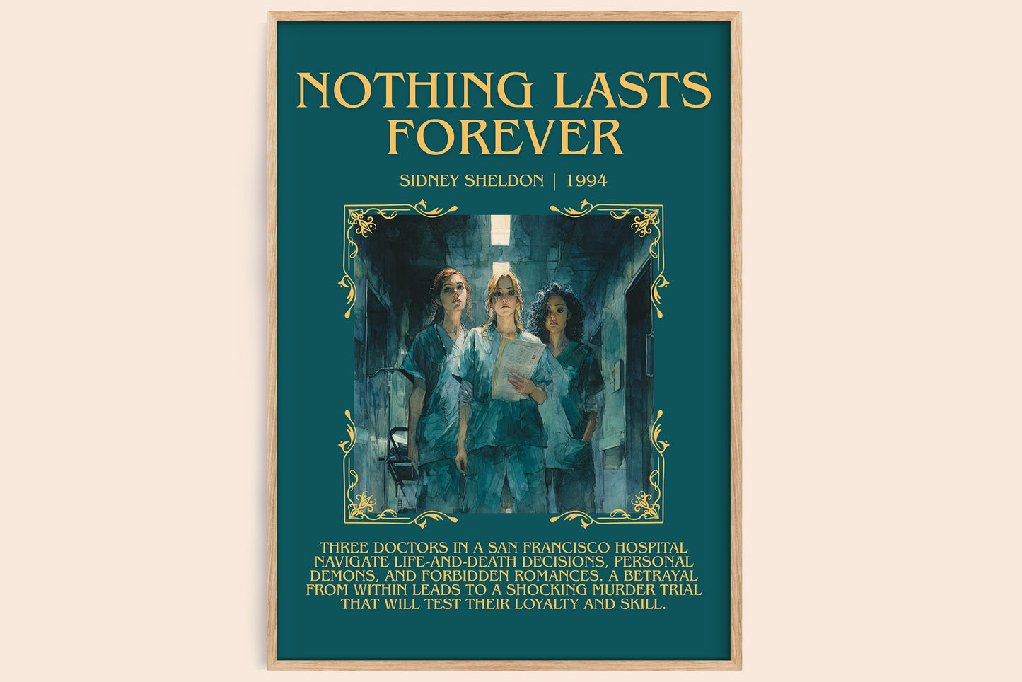 Nothing Lasts Forever minimalist book poster by Sidney Sheldon – framed literary art print