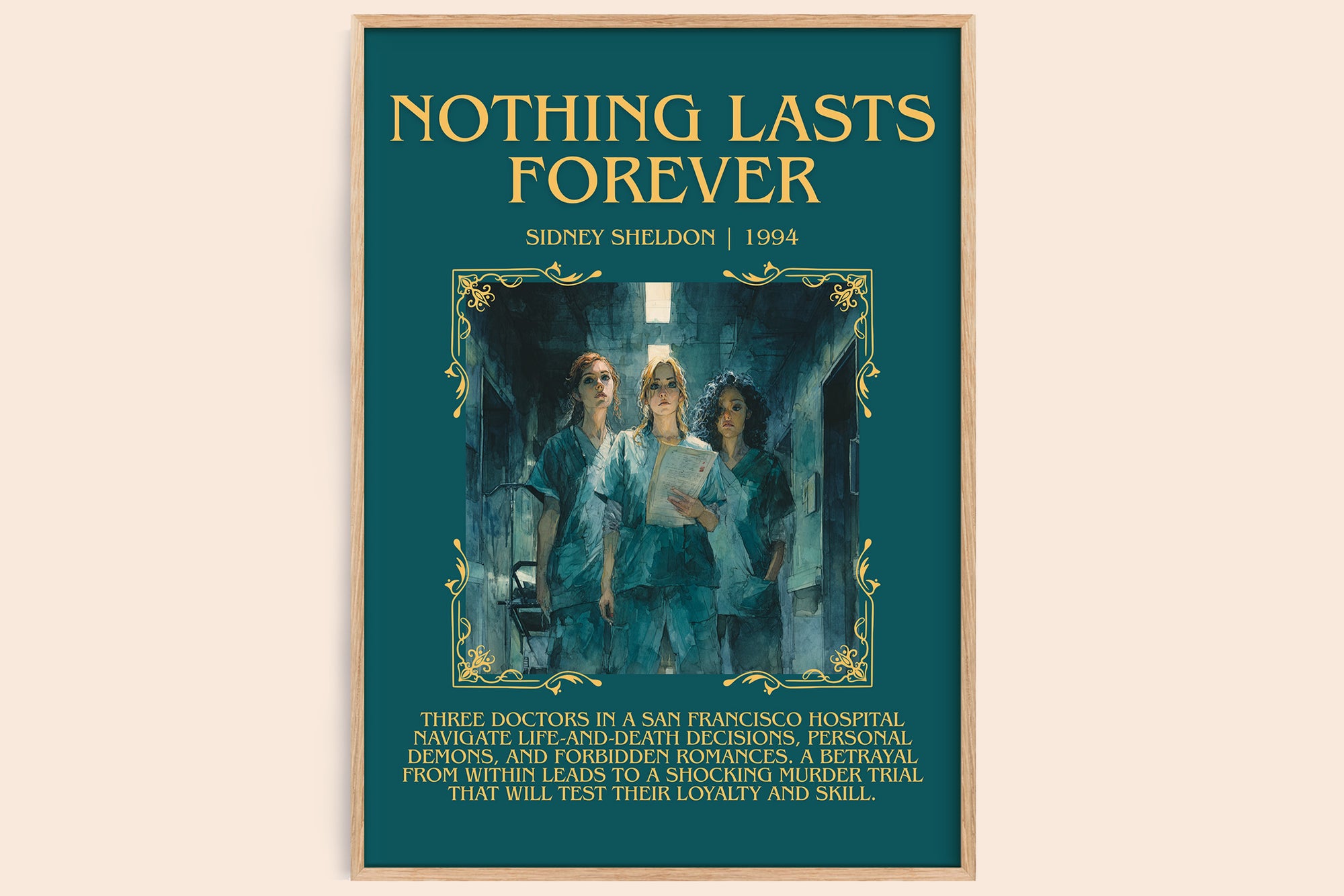 Nothing Lasts Forever minimalist book poster by Sidney Sheldon – framed literary art print