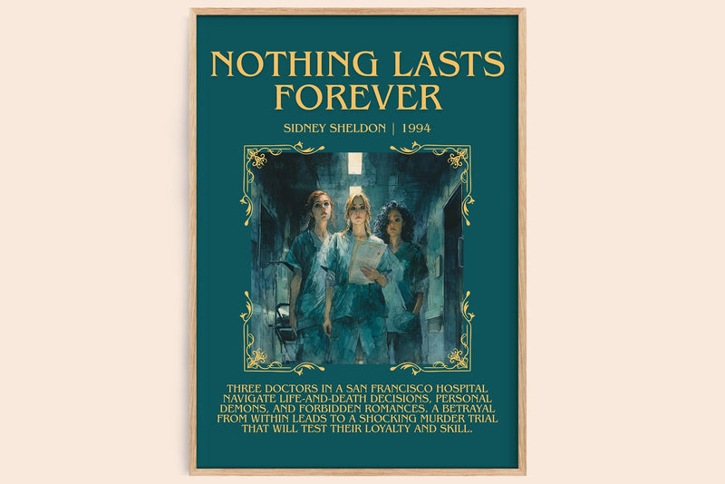 Nothing Lasts Forever minimalist book poster by Sidney Sheldon – framed literary art print