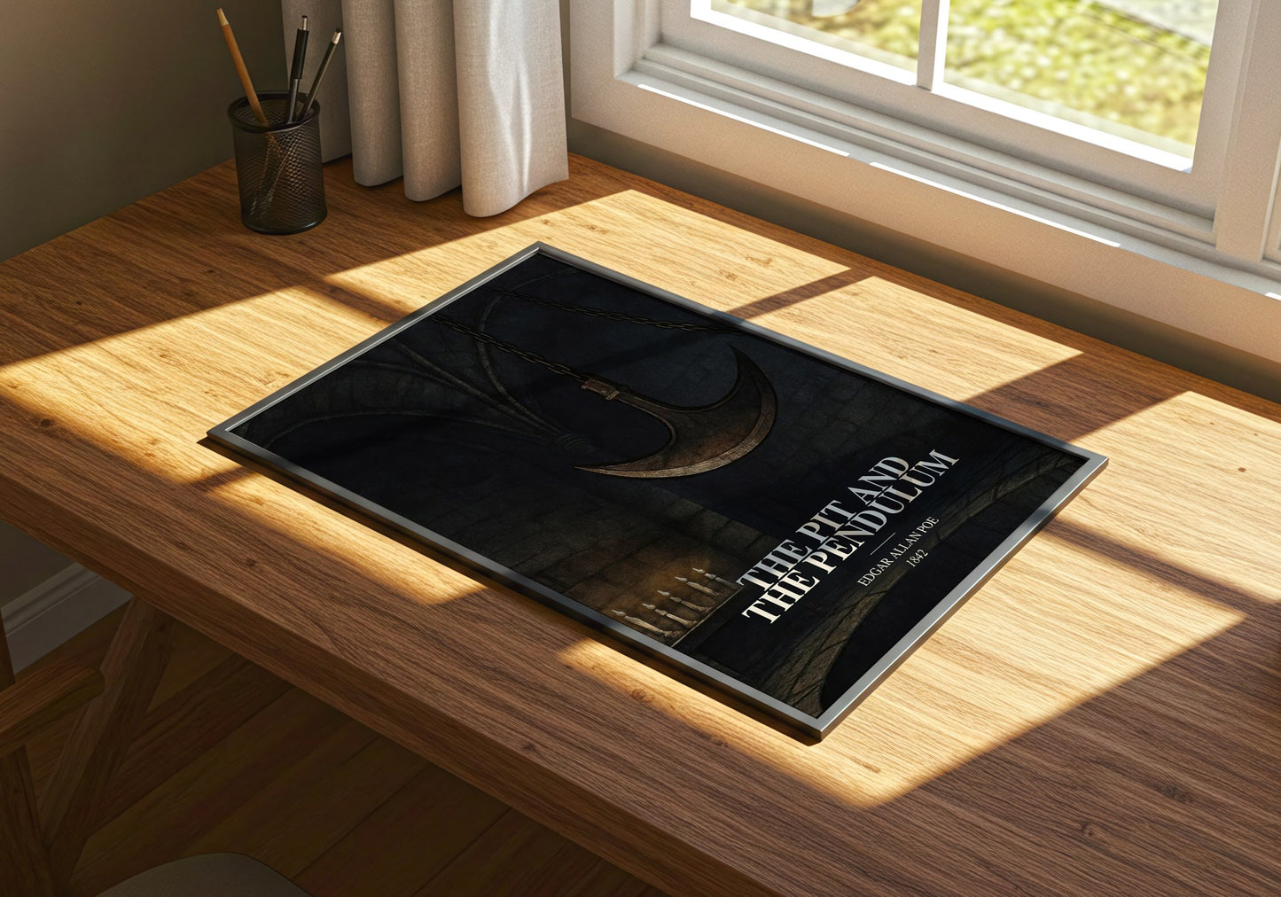 The Pit And The Pendulum watercolour book poster framed on wall – horror wall art