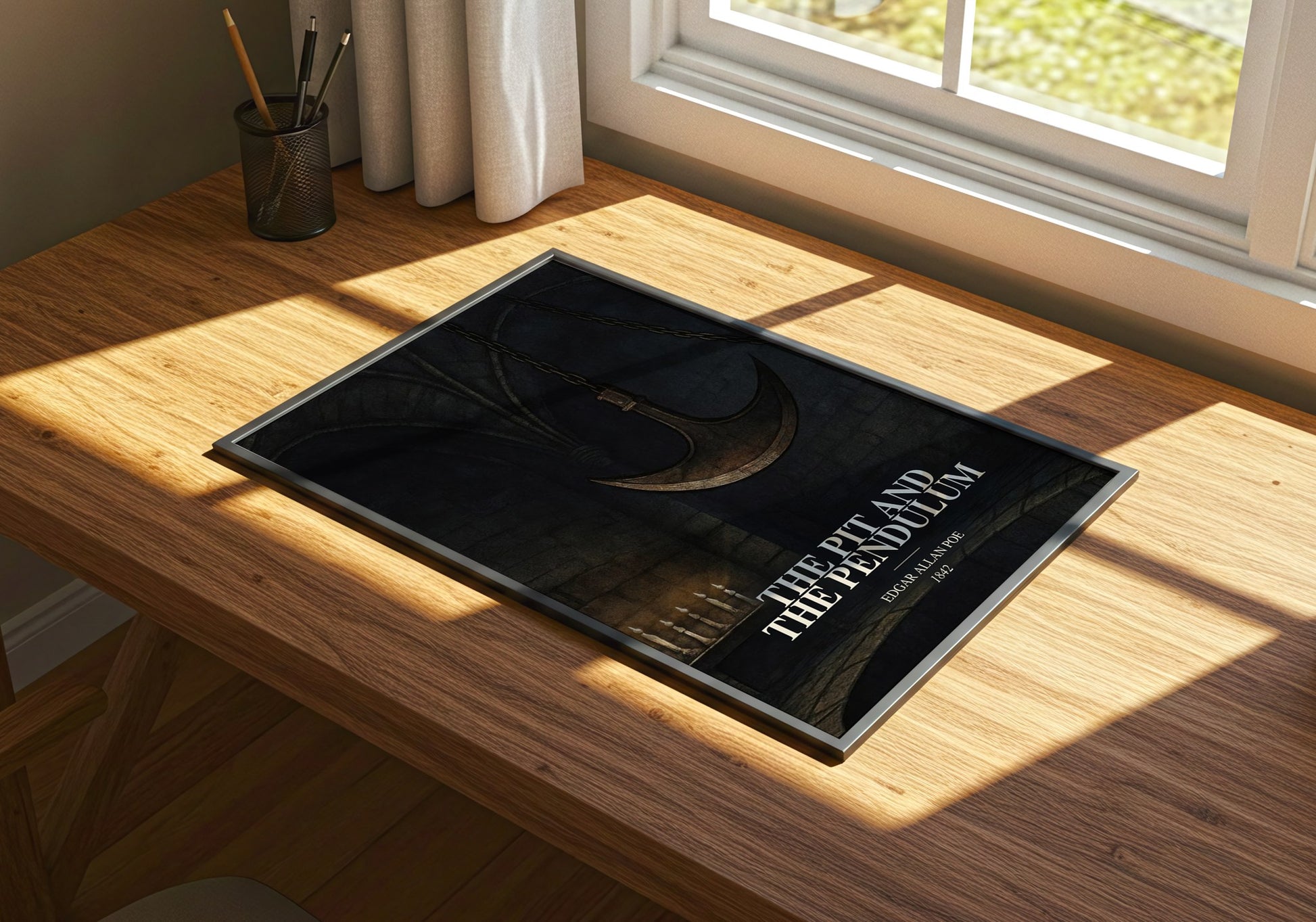 The Pit And The Pendulum watercolour book poster framed on wall – horror wall art