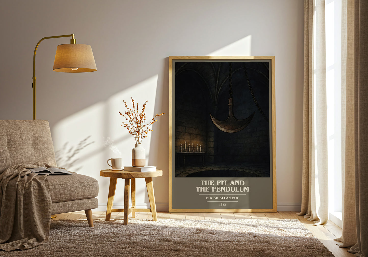 The Pit And The Pendulum book cover print on bookshelf – Edgar Allan Poe fan gift