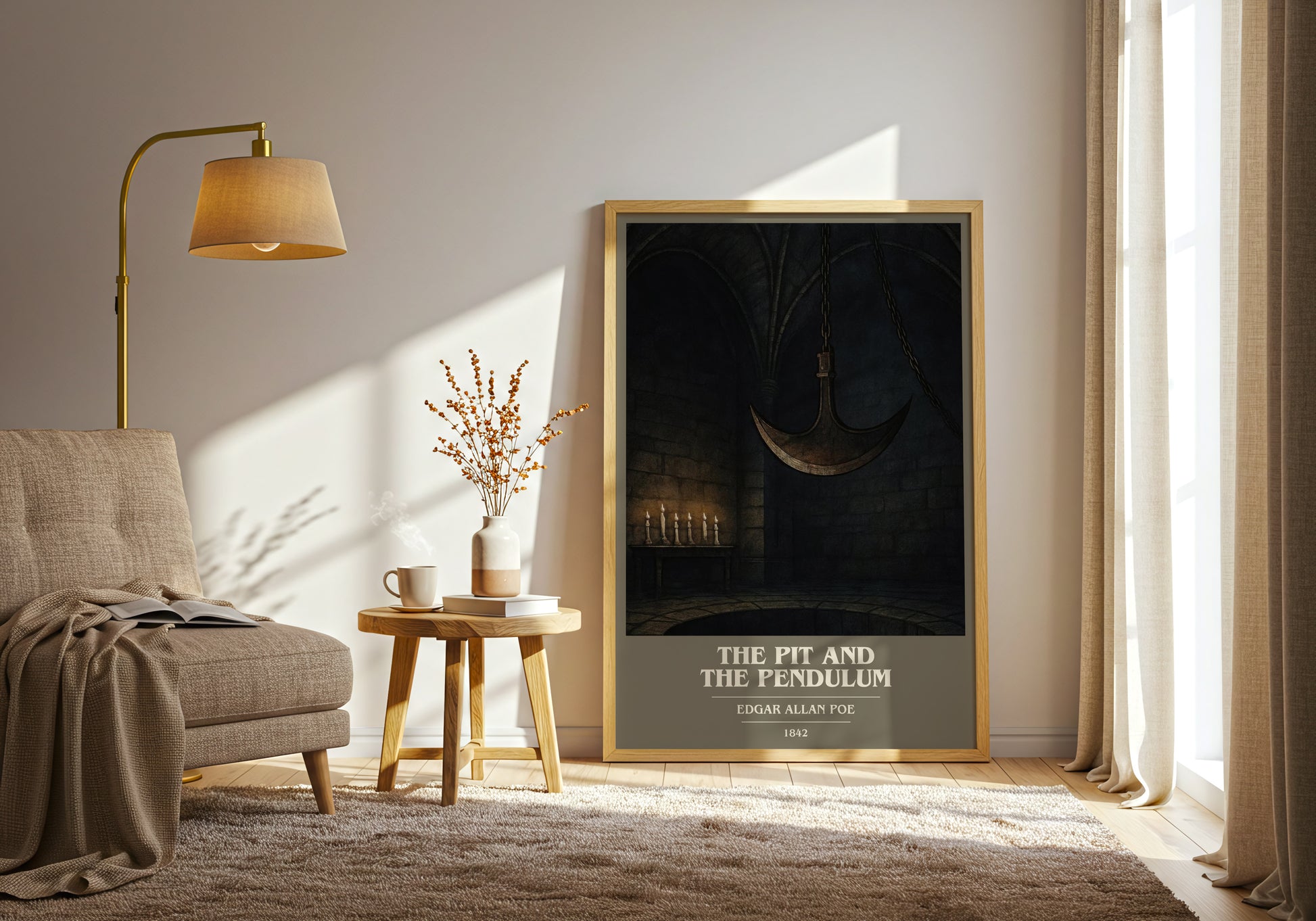 The Pit And The Pendulum book cover print on bookshelf – Edgar Allan Poe fan gift