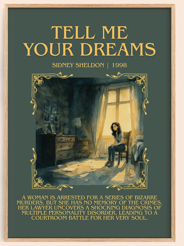 Tell Me Your Dreams minimalist book poster by Sidney Sheldon – framed literary art print