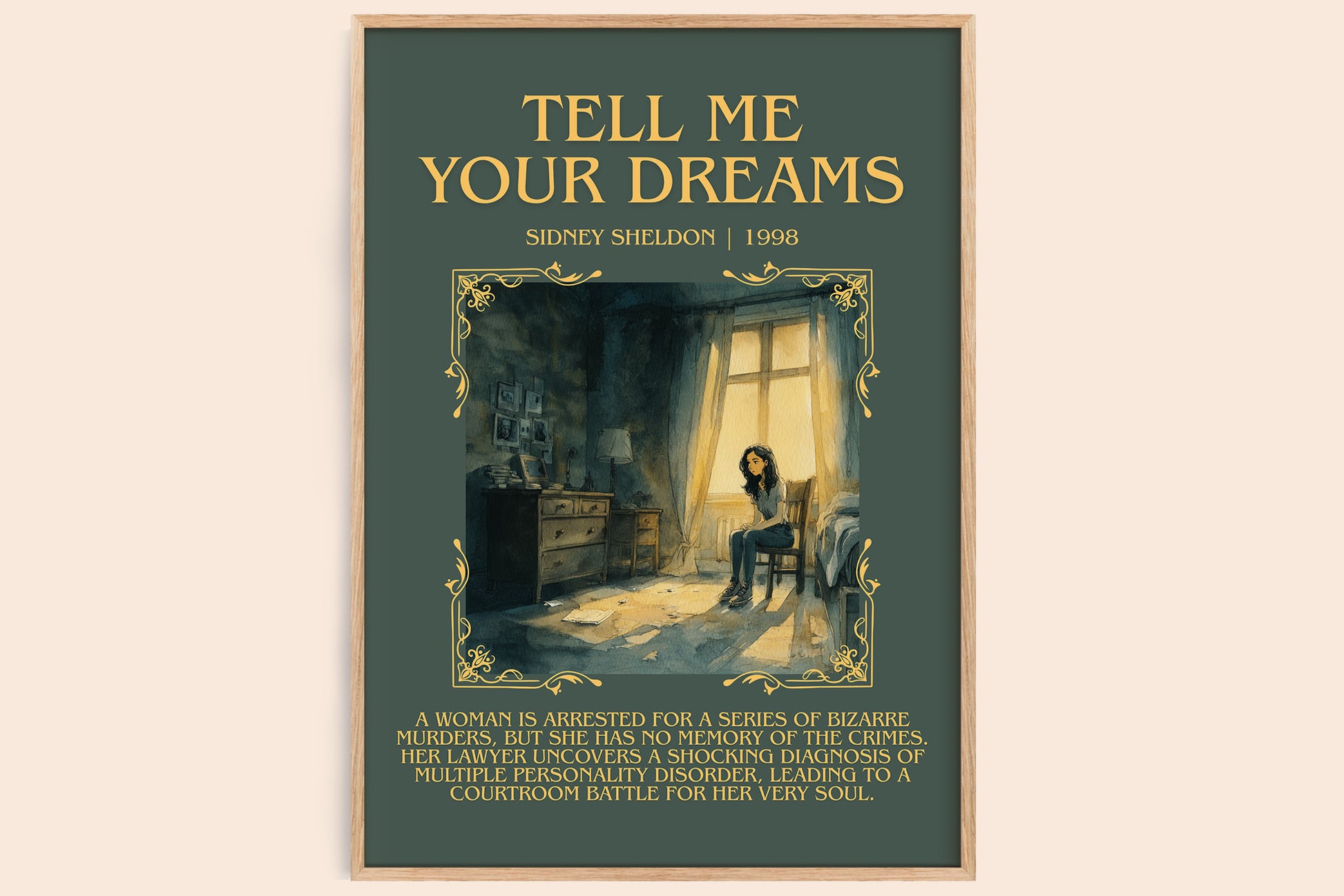 Tell Me Your Dreams minimalist book poster by Sidney Sheldon – framed literary art print