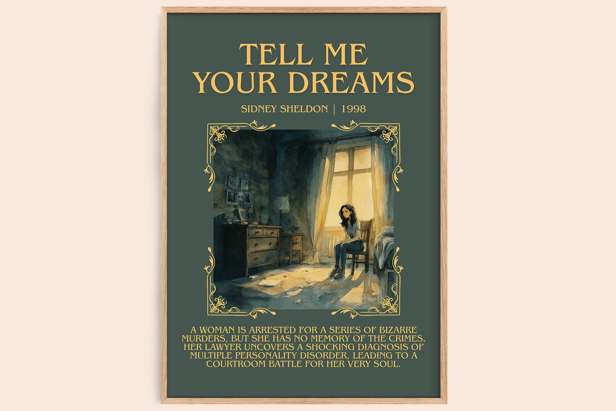Tell Me Your Dreams minimalist book poster by Sidney Sheldon – framed literary art print