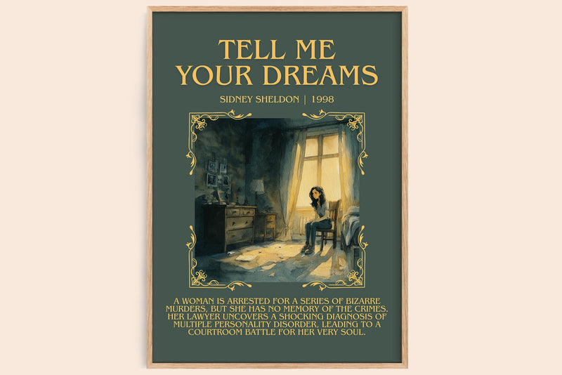 Tell Me Your Dreams minimalist book poster by Sidney Sheldon – framed literary art print