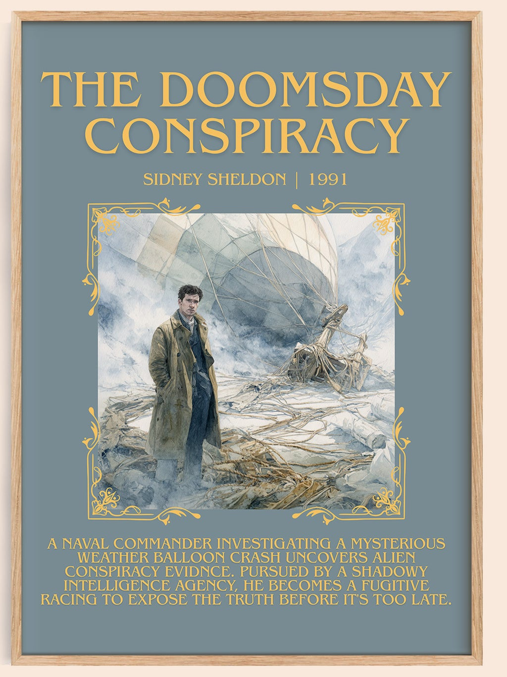 The Doomsday Conspiracy minimalist book poster by Sidney Sheldon – framed literary art print