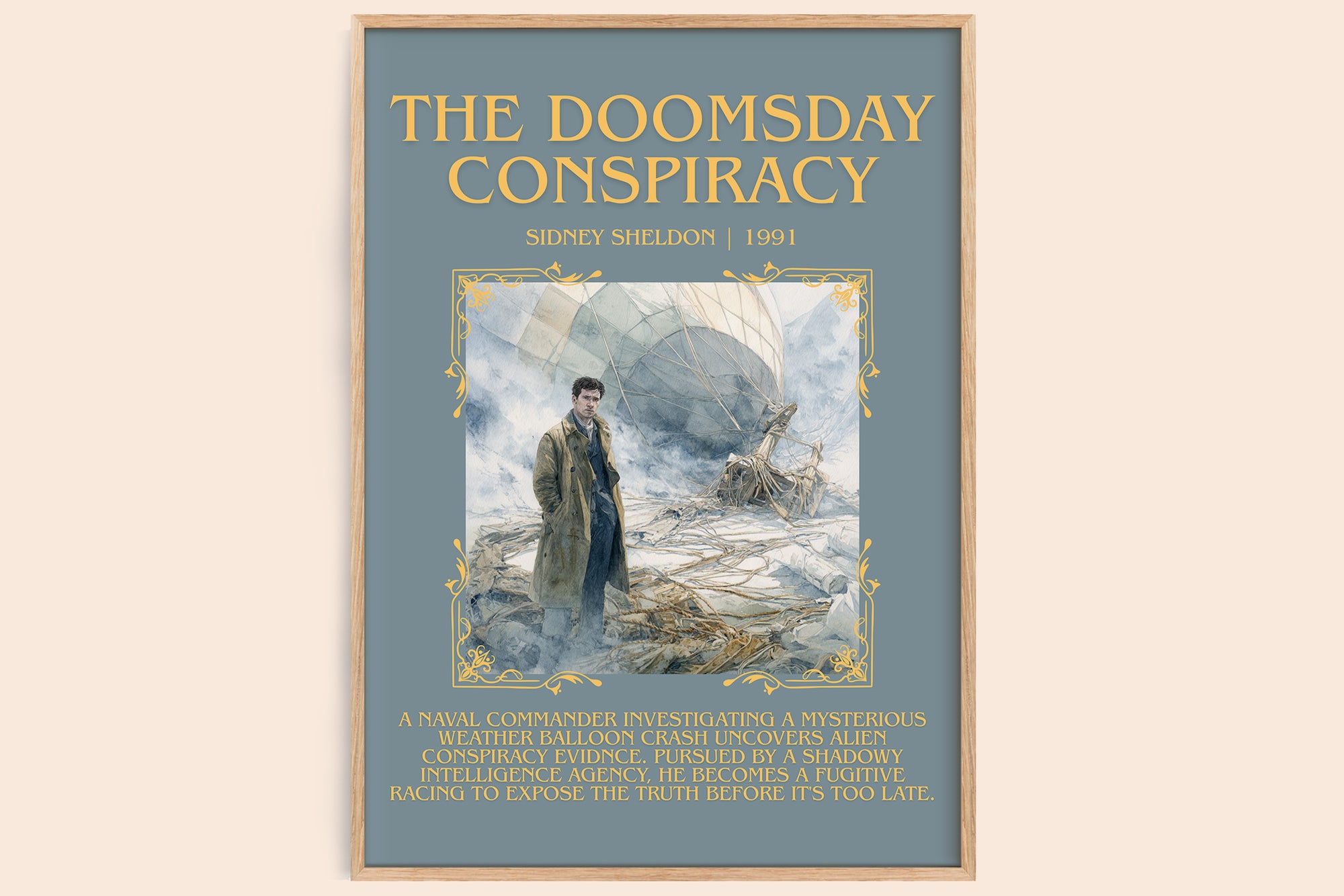 The Doomsday Conspiracy minimalist book poster by Sidney Sheldon – framed literary art print