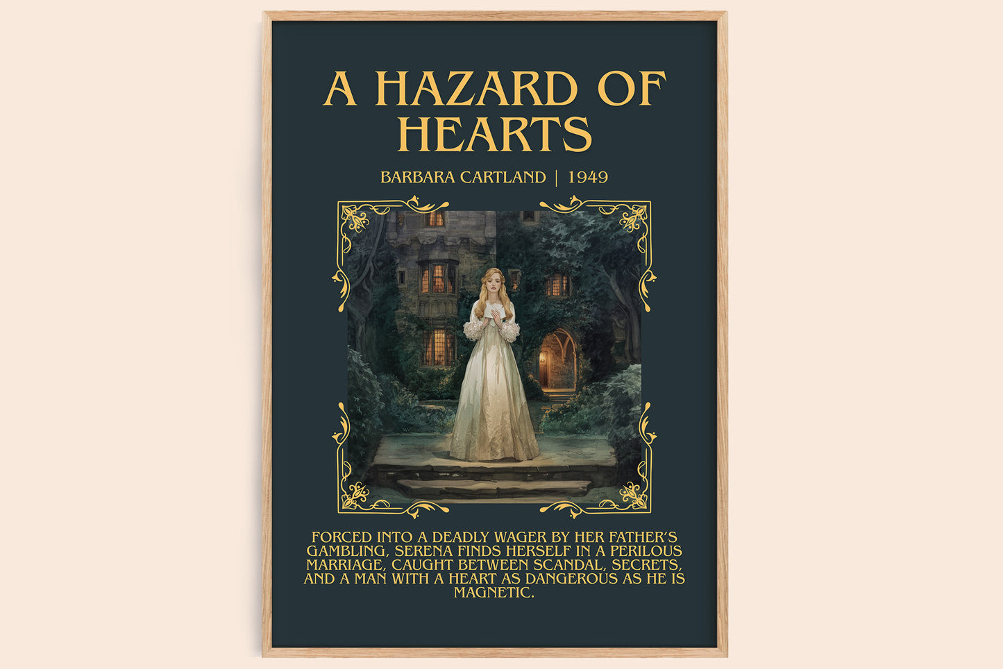 A Hazard of Hearts minimalist book poster by Barbara Cartland – framed literary art print