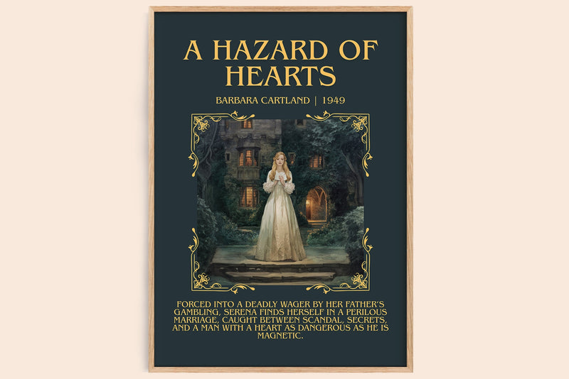 A Hazard of Hearts minimalist book poster by Barbara Cartland – framed literary art print
