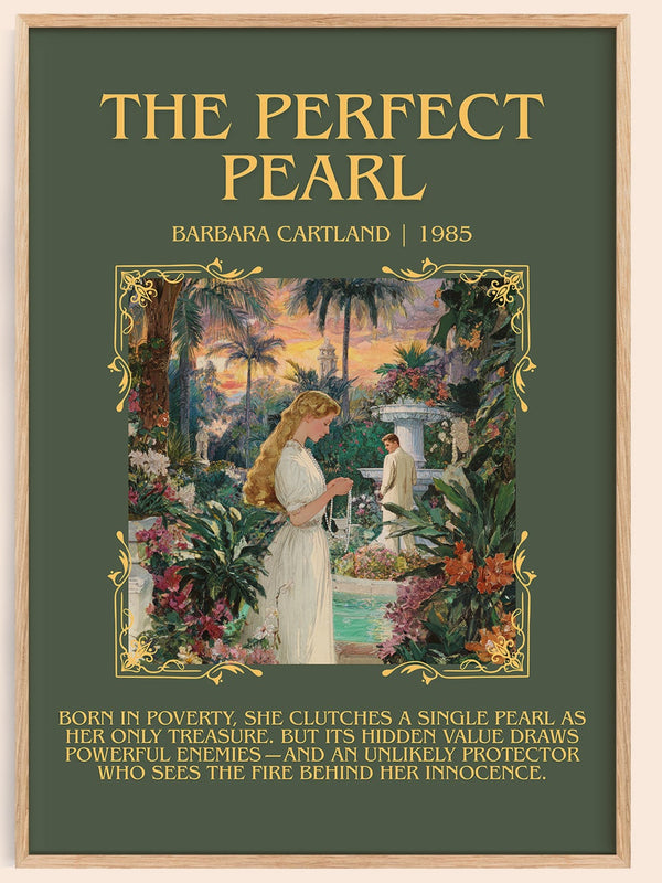 The Perfect Pearl minimalist book poster by Barbara Cartland – framed literary art print
