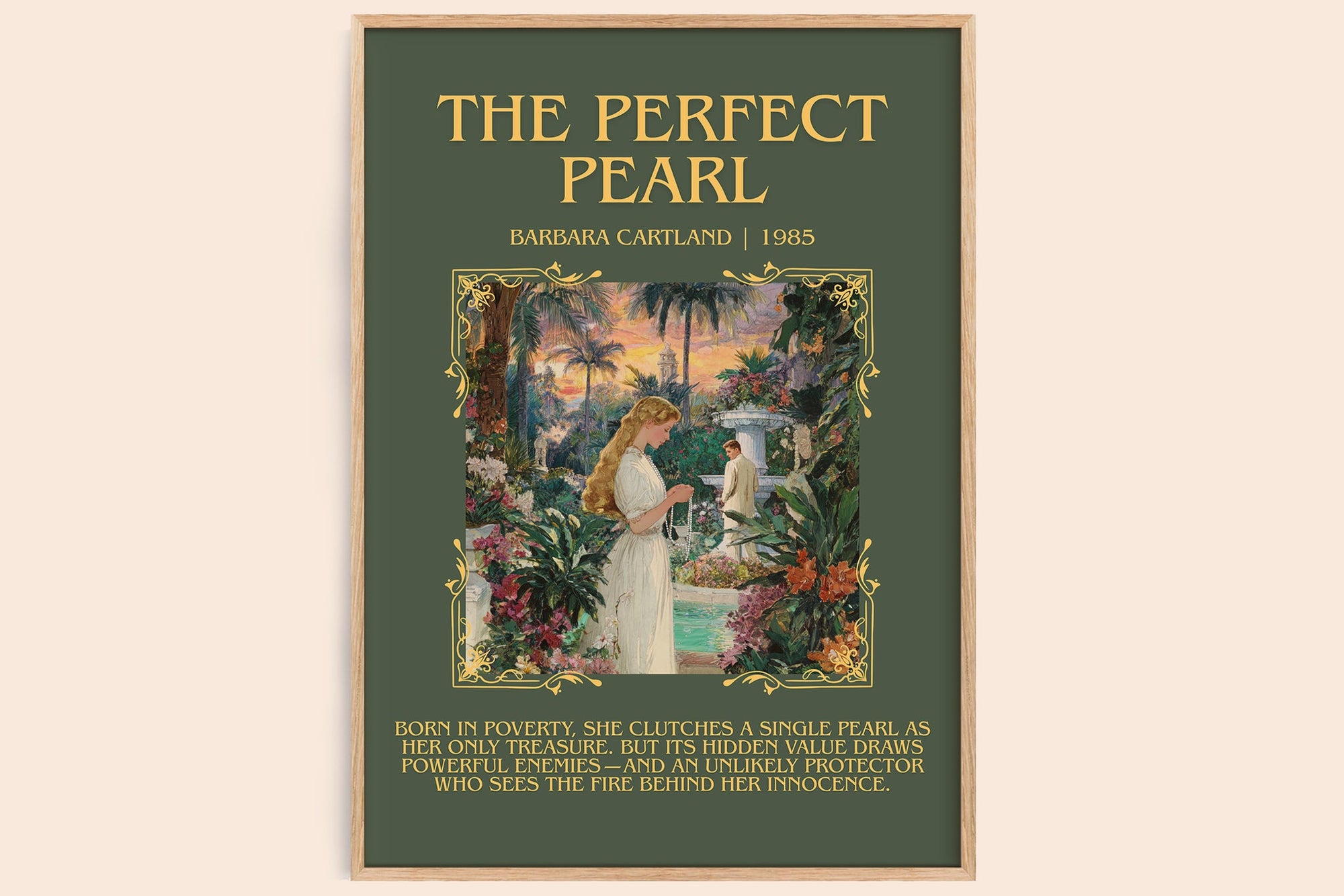The Perfect Pearl minimalist book poster by Barbara Cartland – framed literary art print