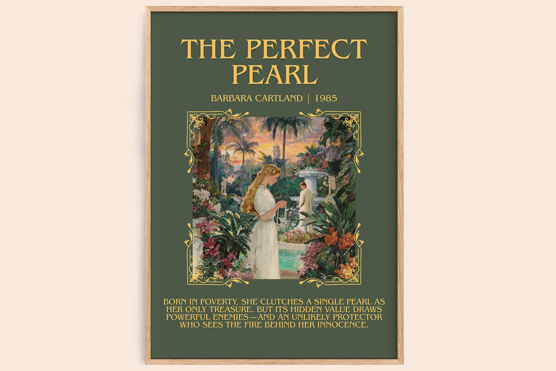 The Perfect Pearl minimalist book poster by Barbara Cartland – framed literary art print