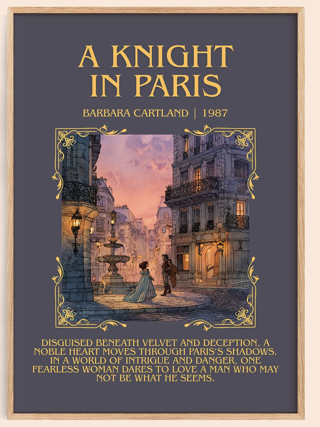 A Knight in Paris minimalist book poster by Barbara Cartland – framed literary art print