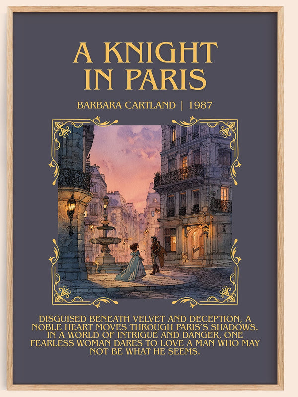 A Knight in Paris minimalist book poster by Barbara Cartland – framed literary art print