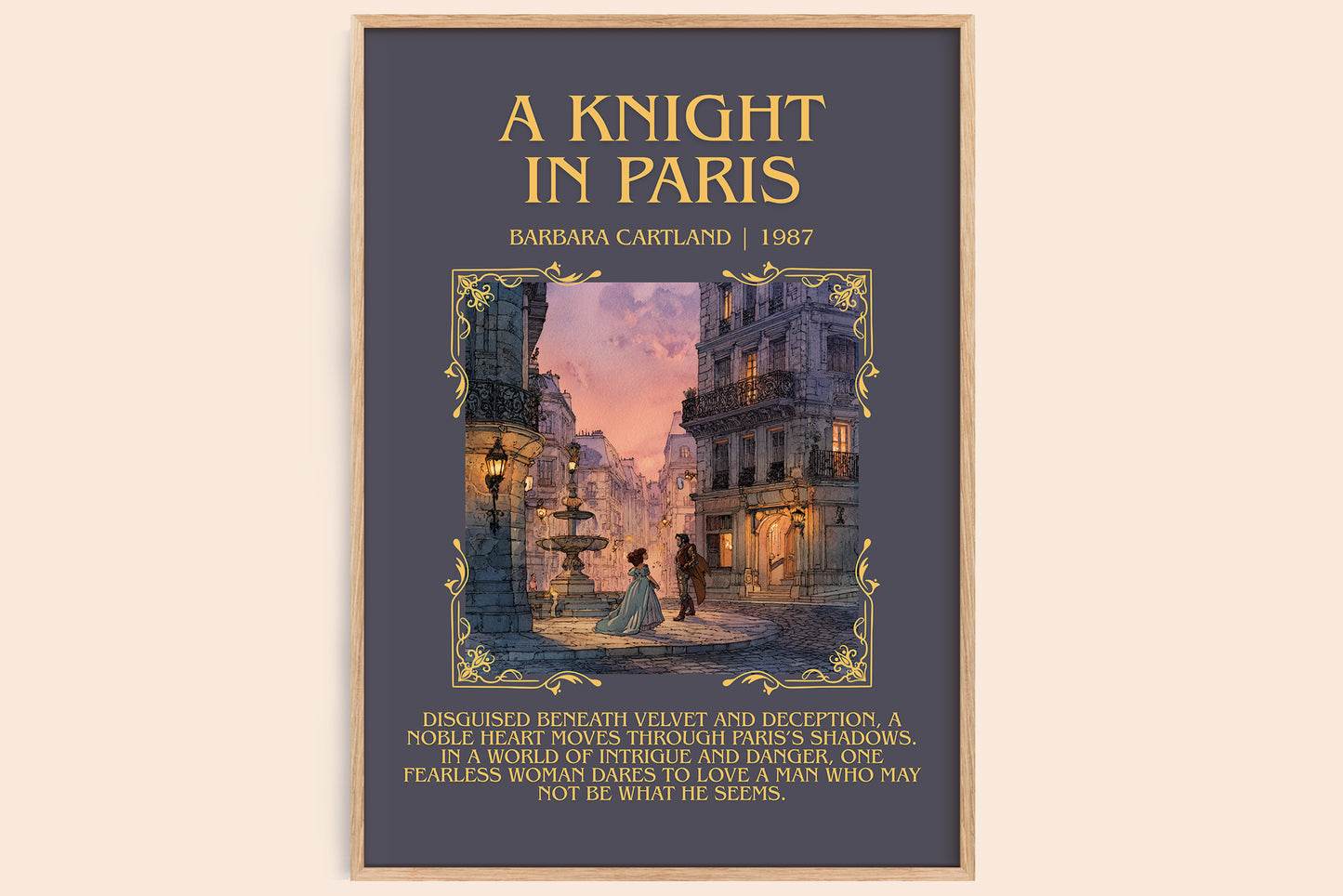 A Knight in Paris minimalist book poster by Barbara Cartland – framed literary art print