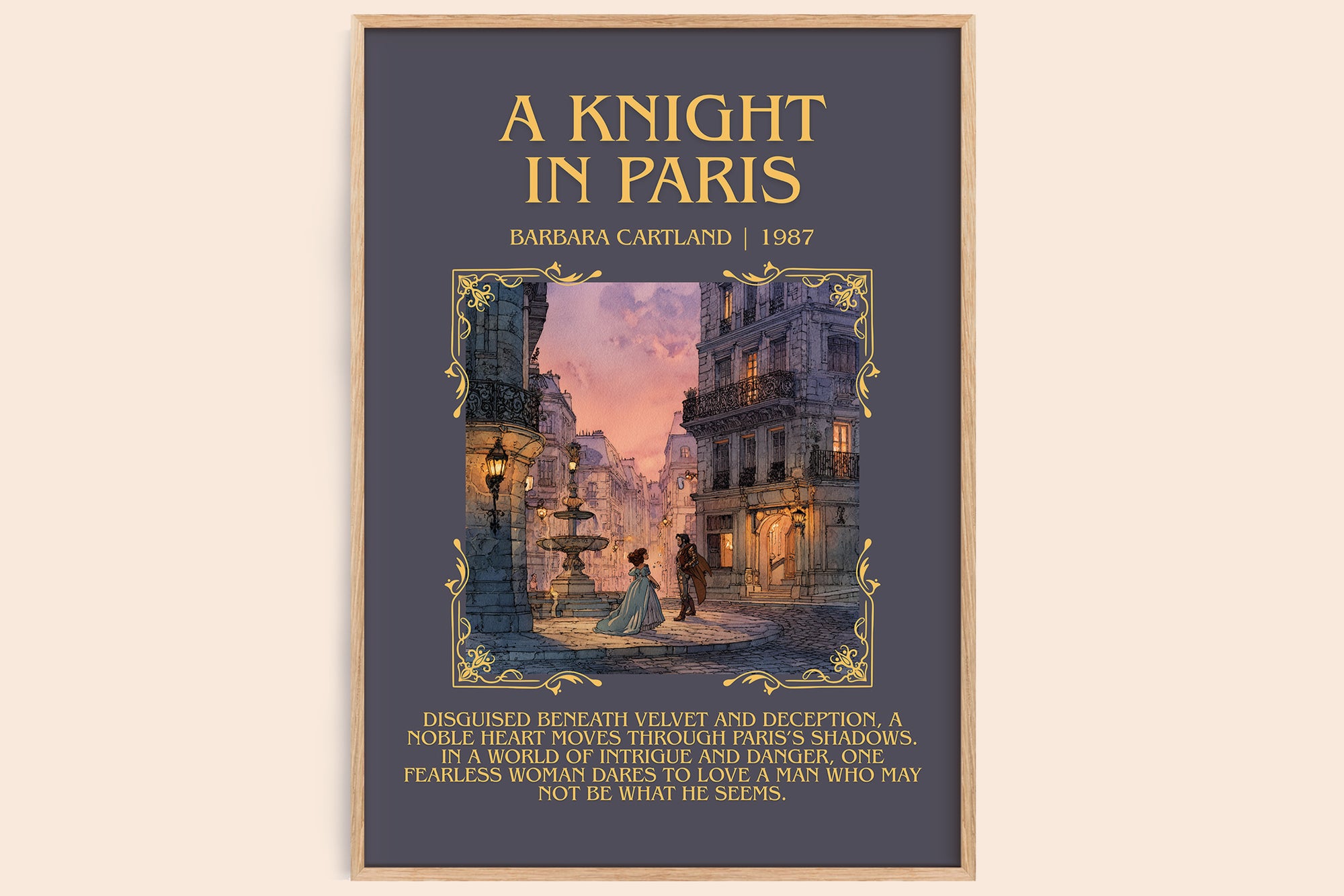 A Knight in Paris minimalist book poster by Barbara Cartland – framed literary art print